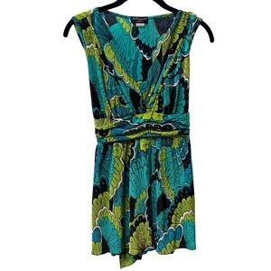 Cocomo Y2K Babydoll Top Tunic Size L Green Blue Pleated Abstract Tie Back Boho